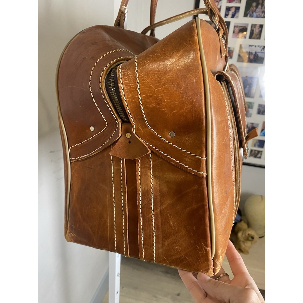 Vintage 70's Tan Leather Duffel Bag Weekend Travel Carry On Luggage Brown Pocket - Picture 5 of 14